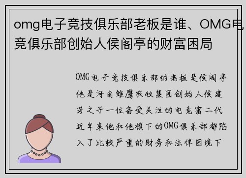 omg电子竞技俱乐部老板是谁、OMG电竞俱乐部创始人侯阁亭的财富困局